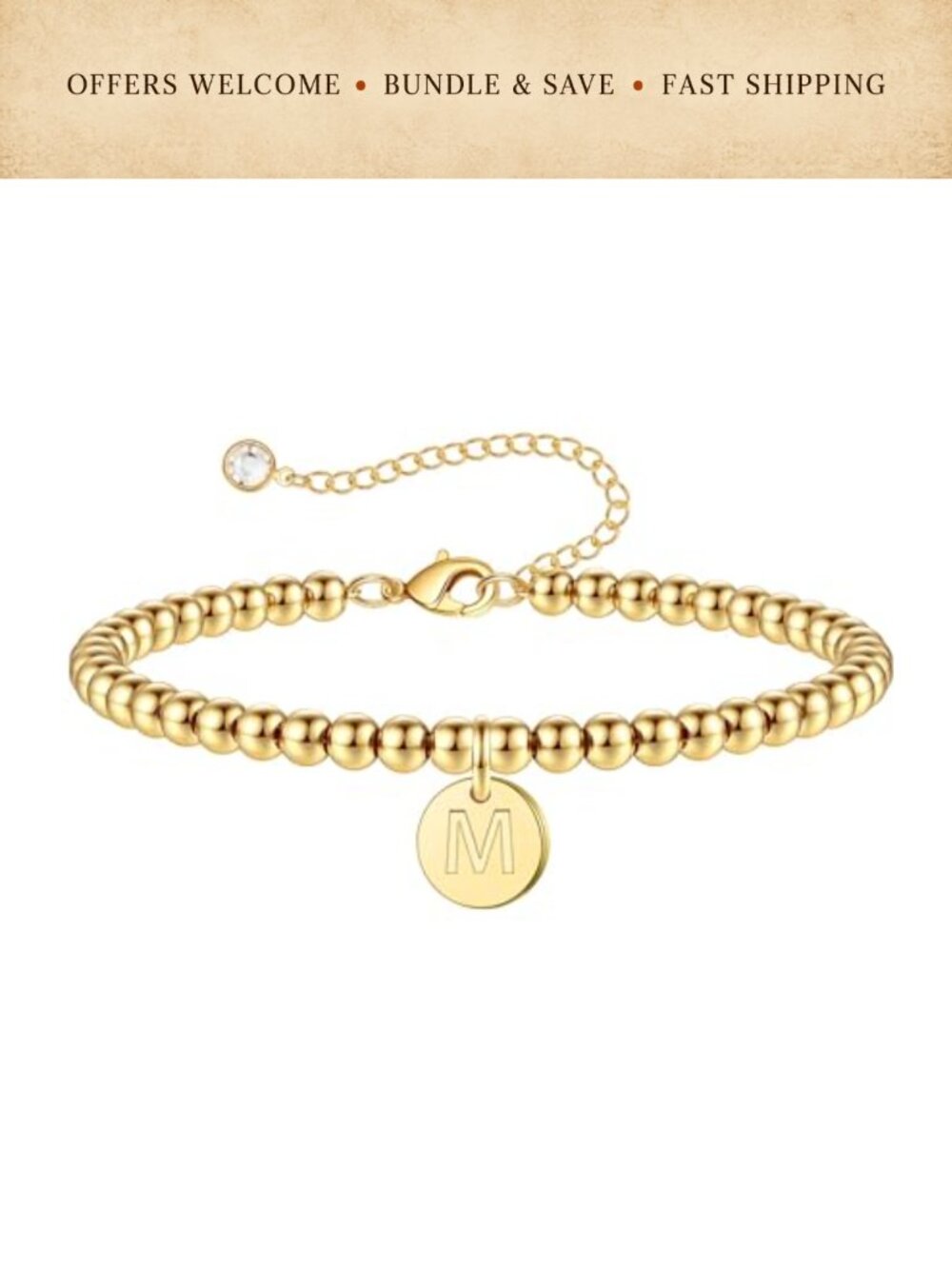 14K Gold Plated Heart Initial Beaded Stretch Bracelet